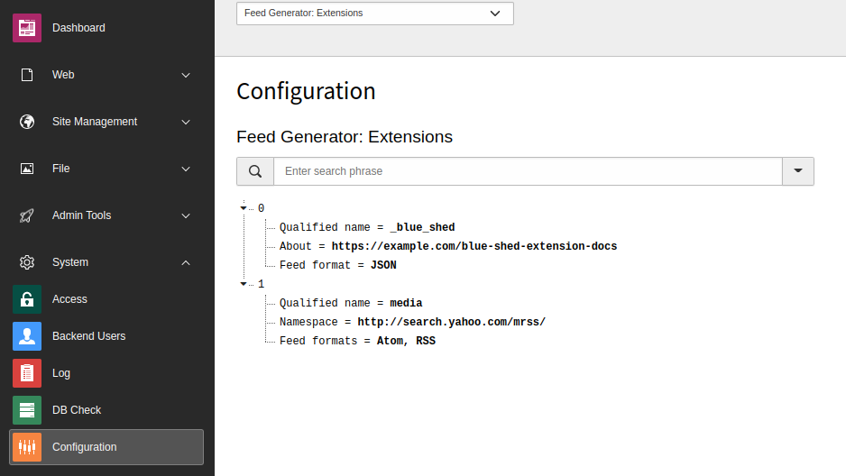 Available extensions in the Configuration module