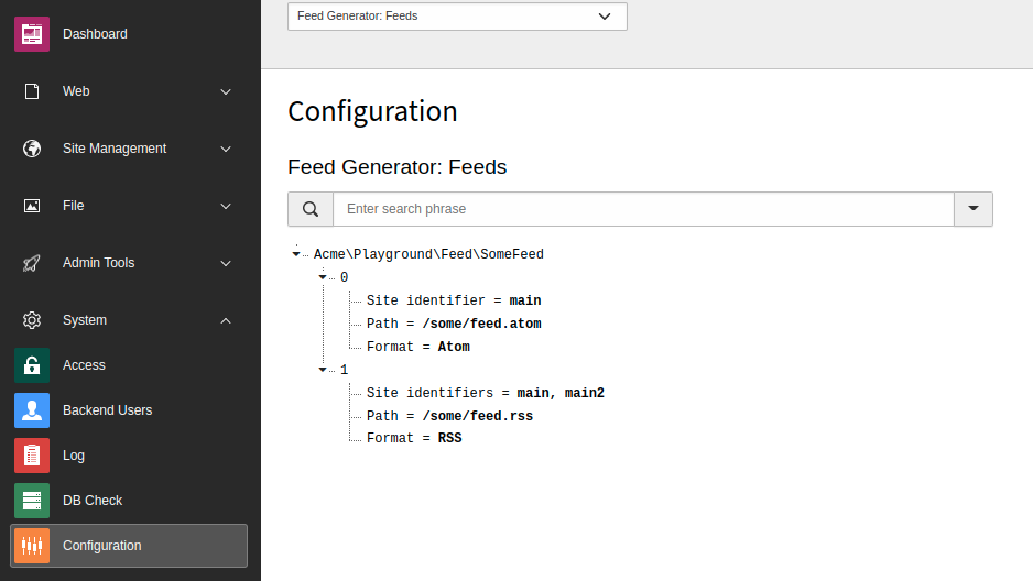 Configured feeds in the Configuration module
