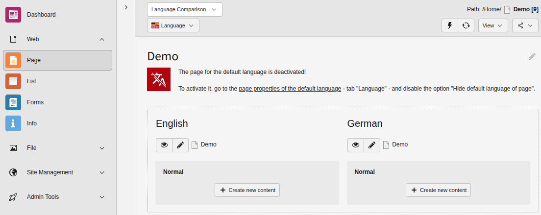 Display information that the default language of a page is deactivated