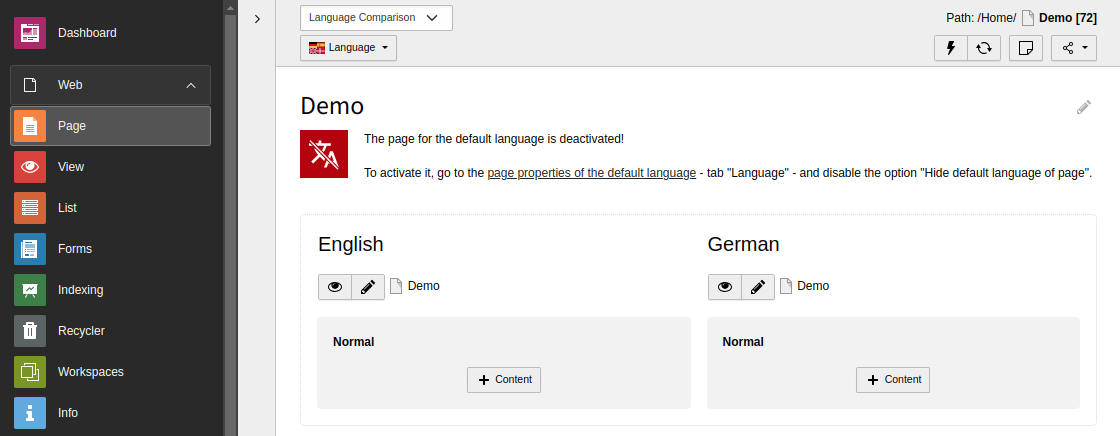 Display information that the default language of a page is deactivated