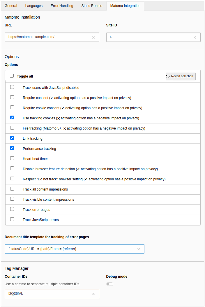 Options in the site configuration
