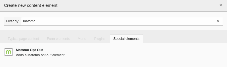 "Matomo Opt-Out" content element in the content element wizard