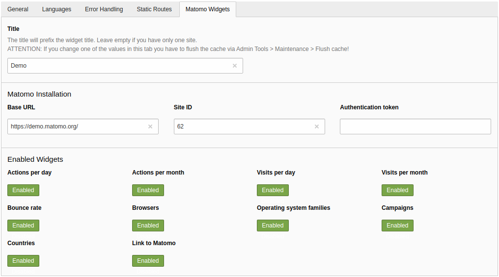Options in the site management