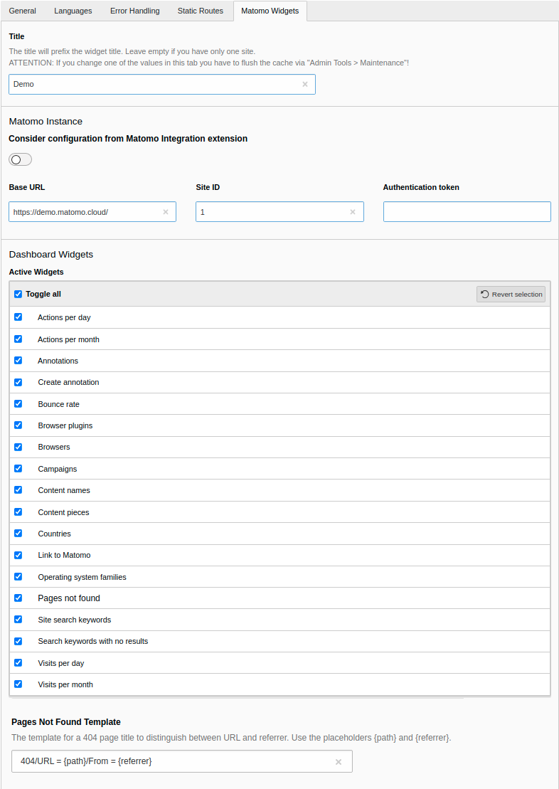 Options in the site management