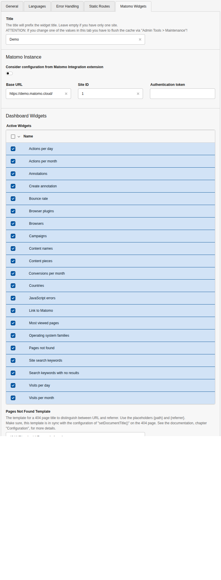 Options in the site management