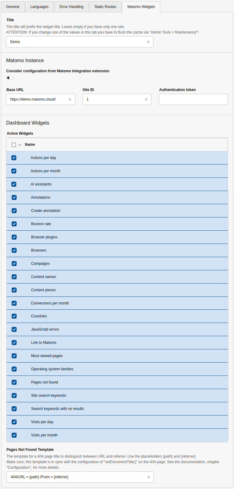 Options in the site management