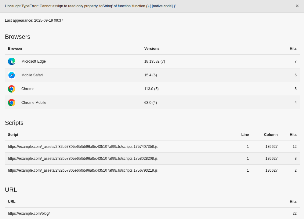 Modal with details for a specific error