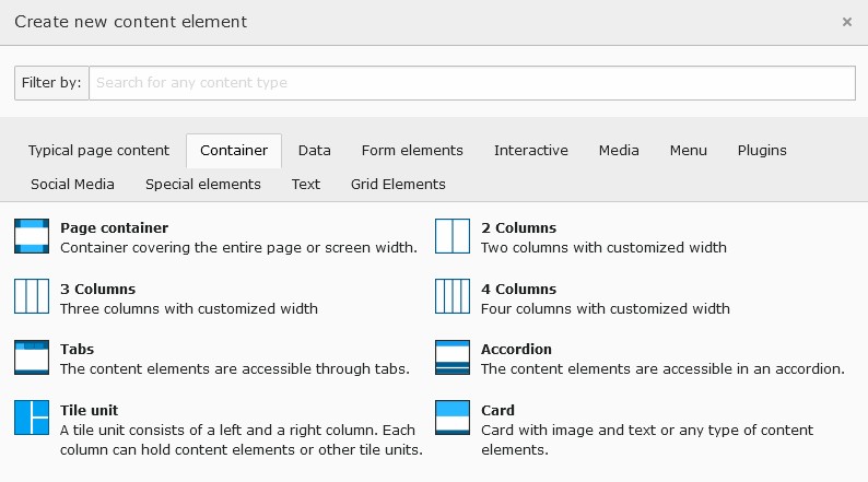 Container elements in new content element wizard
