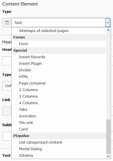 Container element in content element type selector