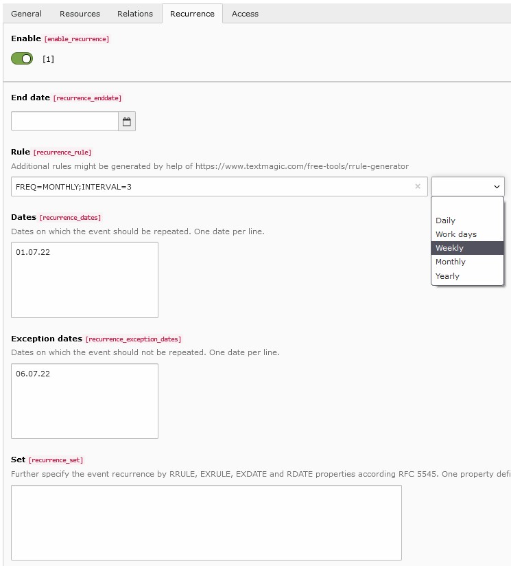 Define event recurrences in the "Recurrence"-tab