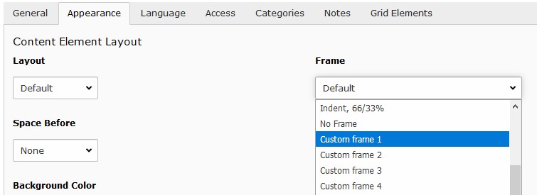 Custom frames for content elements