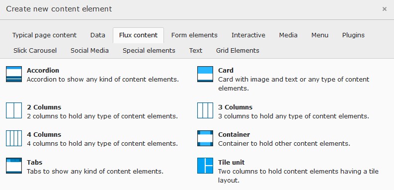 "Flux content"-tab in new content element wizard