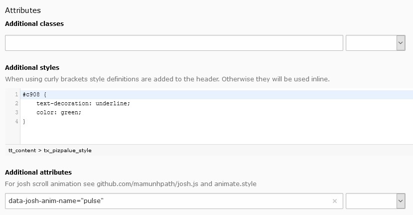 Customizing attributes for a content element