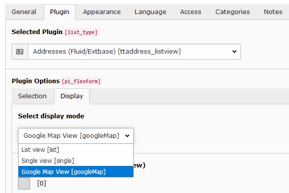 "Google Map View" in the "Display mode" from the plugin content element
