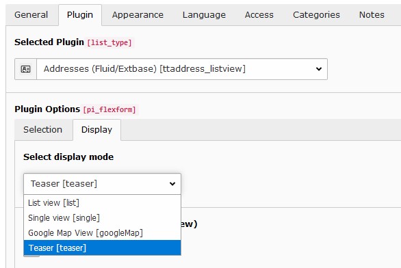 "Teaser View" in the "Display mode" from the plugin content element
