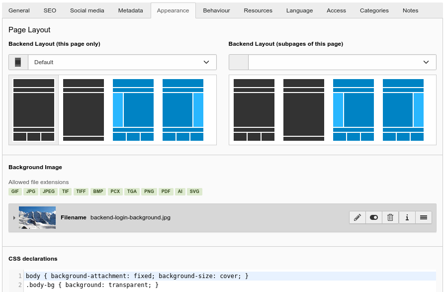 Page settings with additional fields from pizpalue