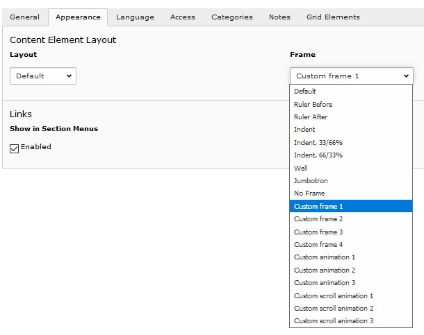 Custom frames for content elements