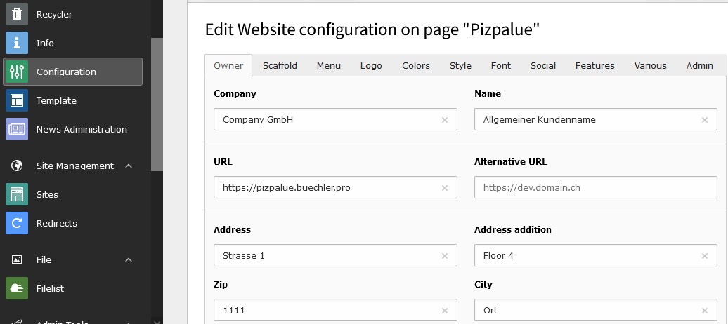 Easyconf form to configure main aspects from a website