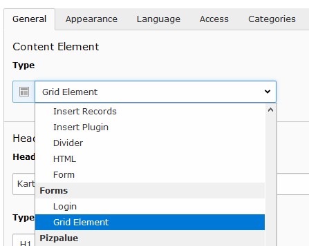 Grid Element in content element type selector