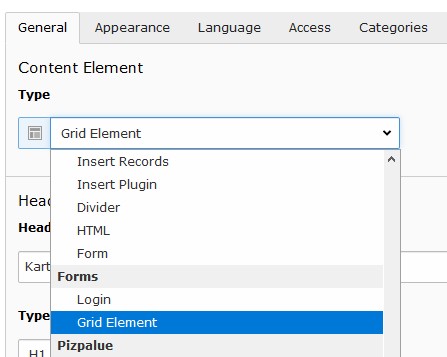 Grid Element in content element type selector