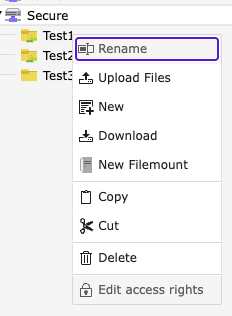 Screenshot of tree with active context menu, last point is "Edit access rights"