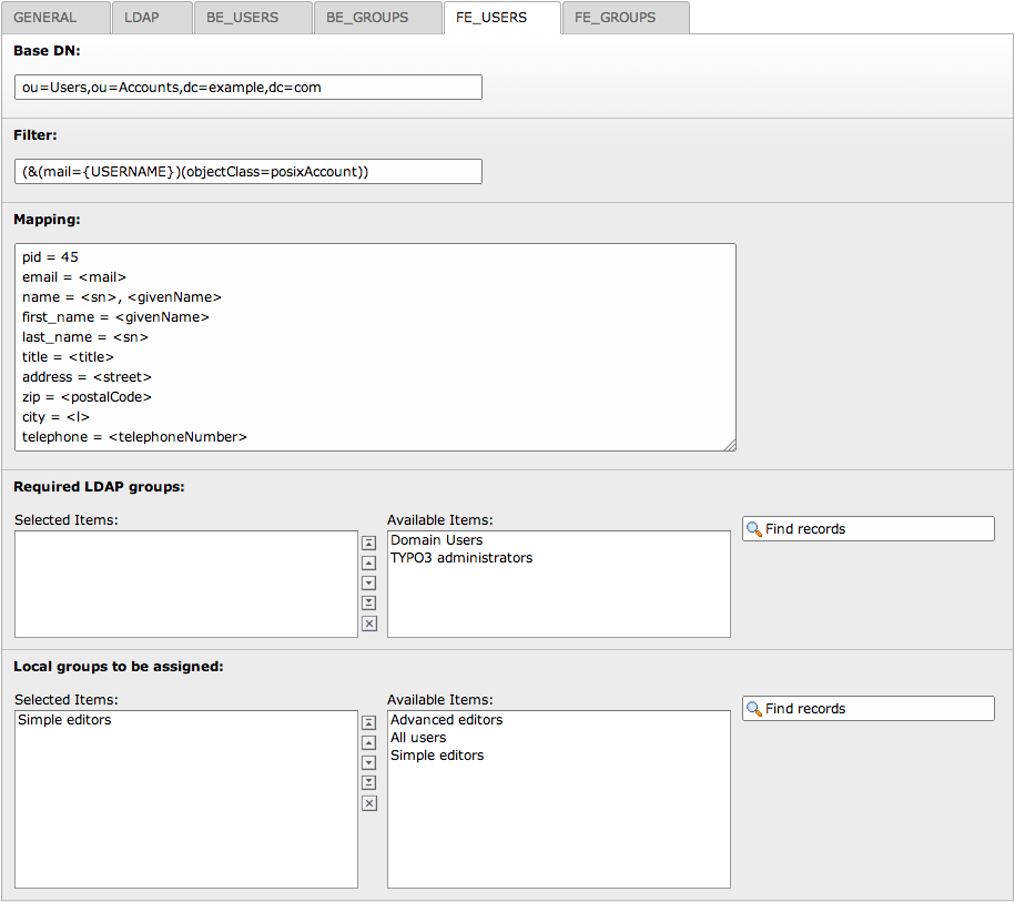 Configuration of the frontend users