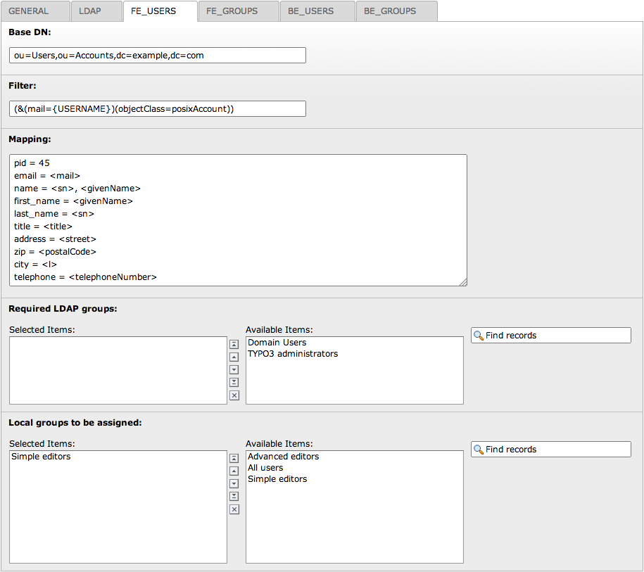 Configuration of the frontend users