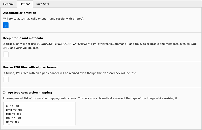 Overview of the general options panel