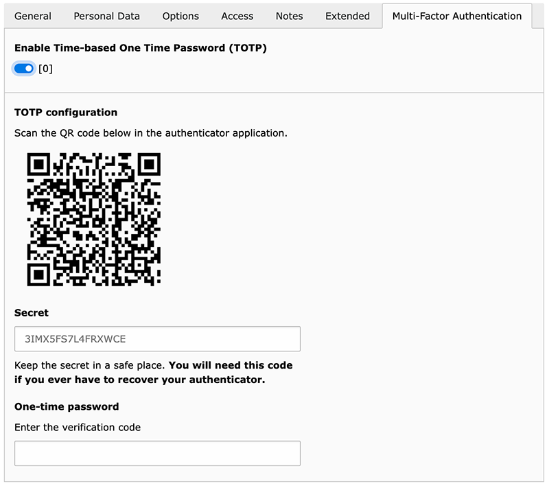 Configuration of the MFA settings for a Frontend user