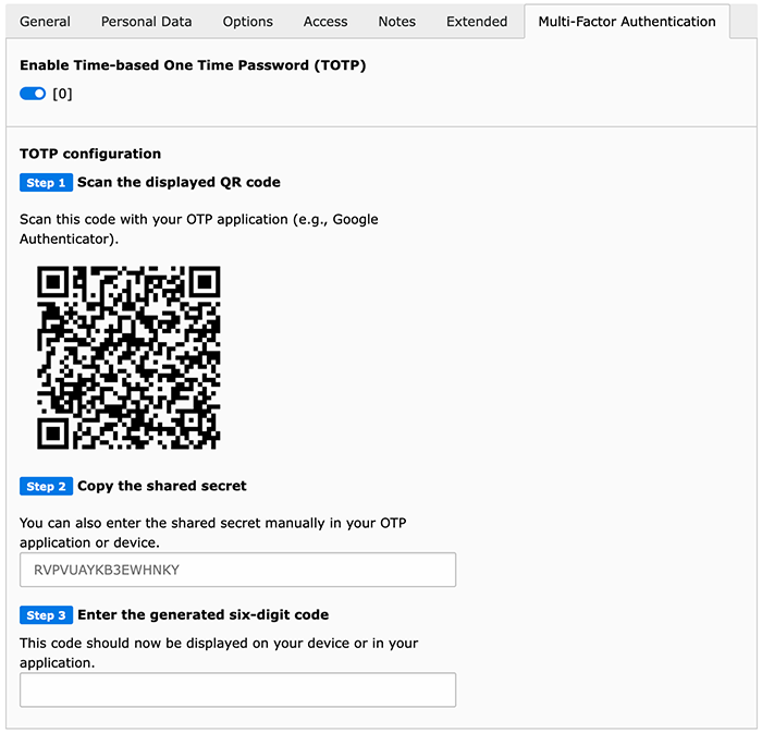 Configuration of the MFA settings for a Frontend user