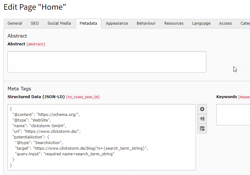 cs_seo Structured Data (JSON-LD) field including checks for URL and text