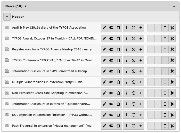 The list view of imported news records