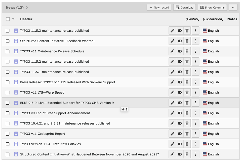 The list view of imported news records