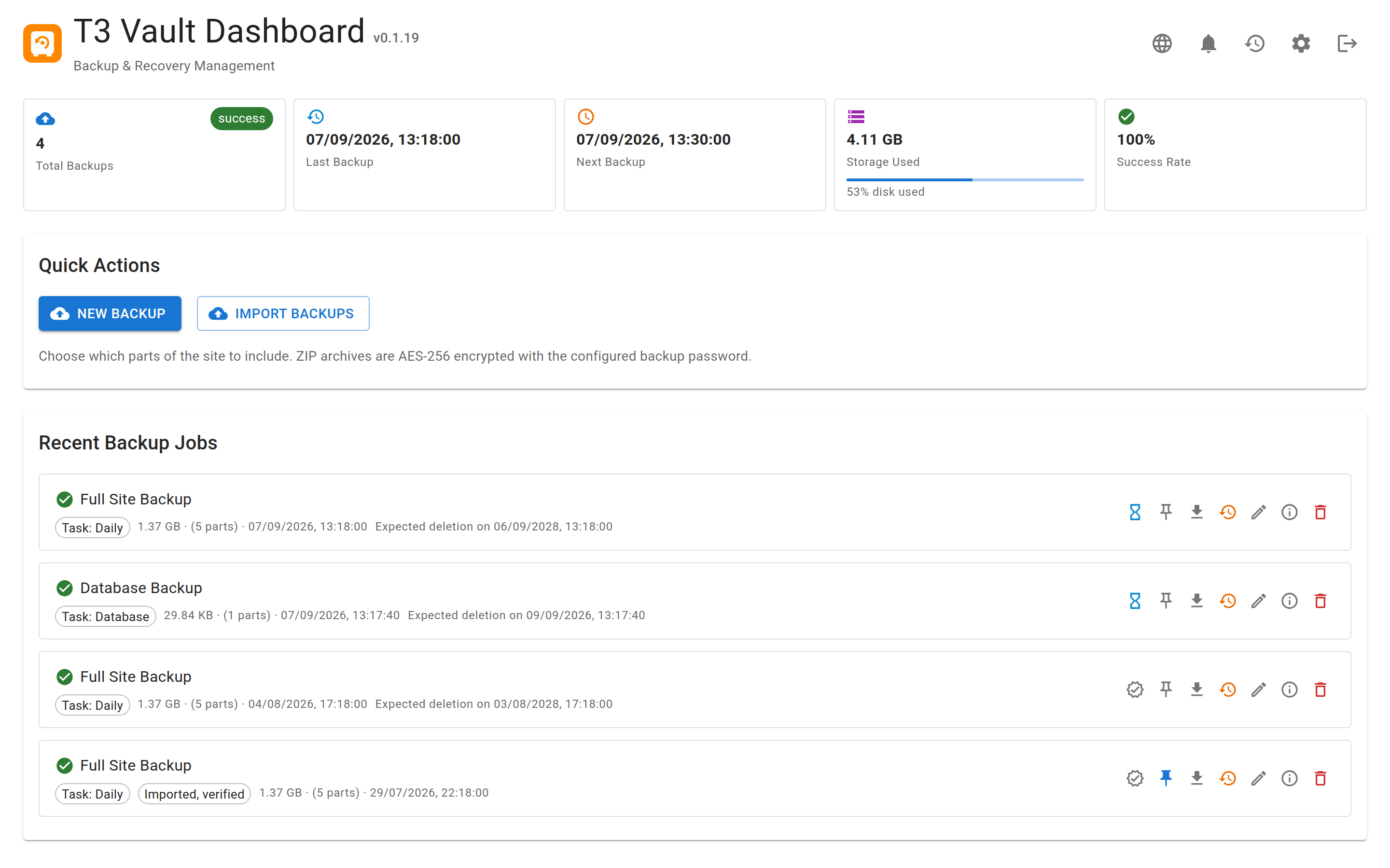 T3Vault dashboard with backup statistics, quick actions and recent jobs