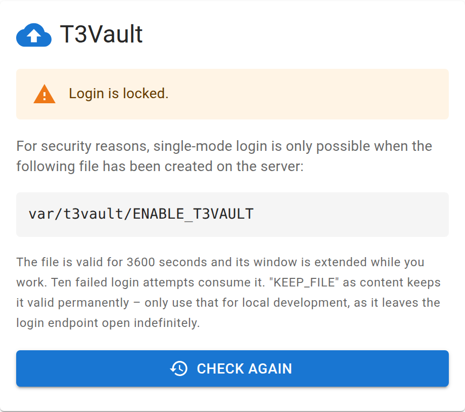 T3Vault lock screen asking the operator to create var/t3vault/ENABLE_T3VAULT