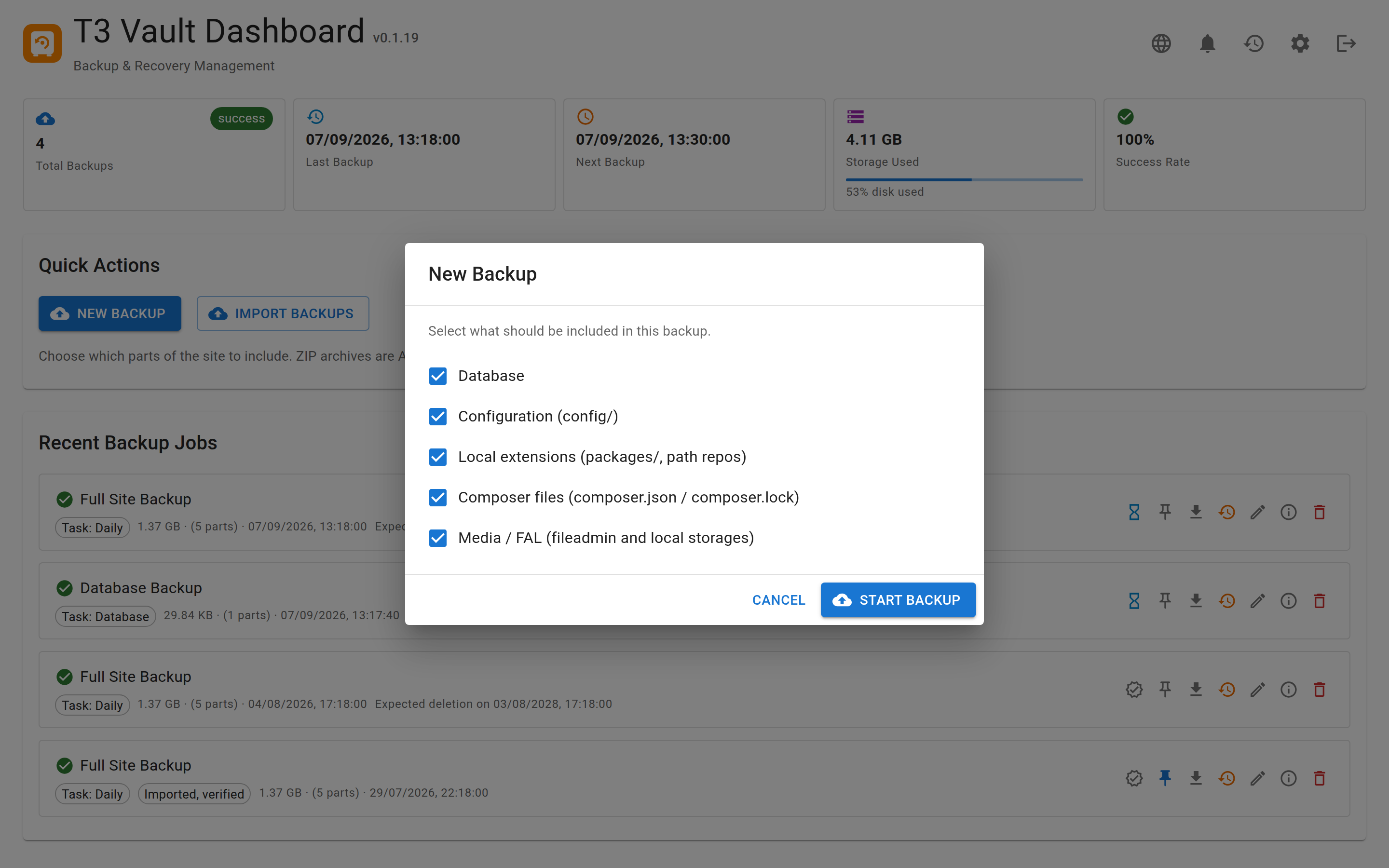 New Backup dialog with checkboxes for database, configuration, packages, Composer files and media