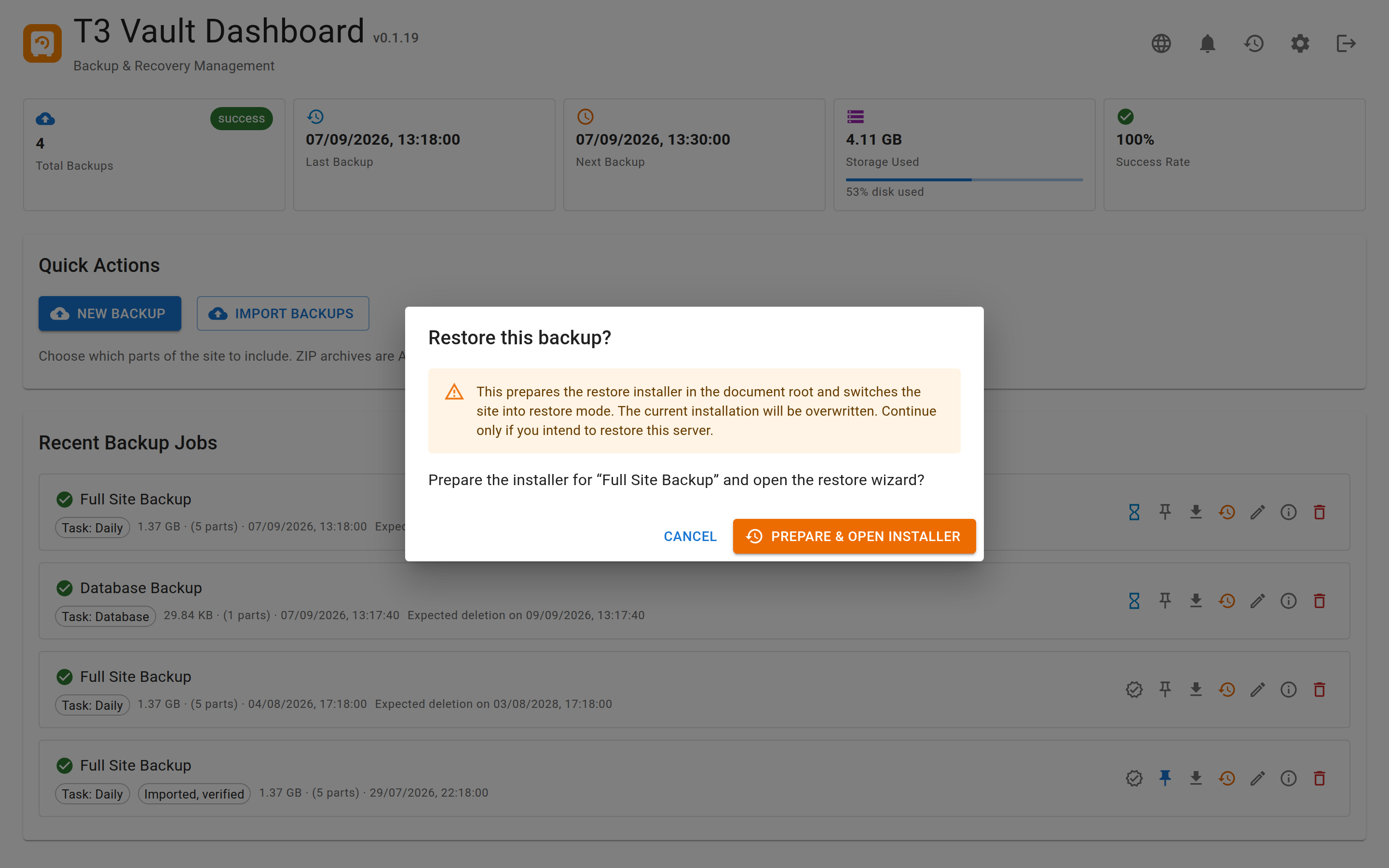 Restore confirmation dialog warning that the current installation will be overwritten