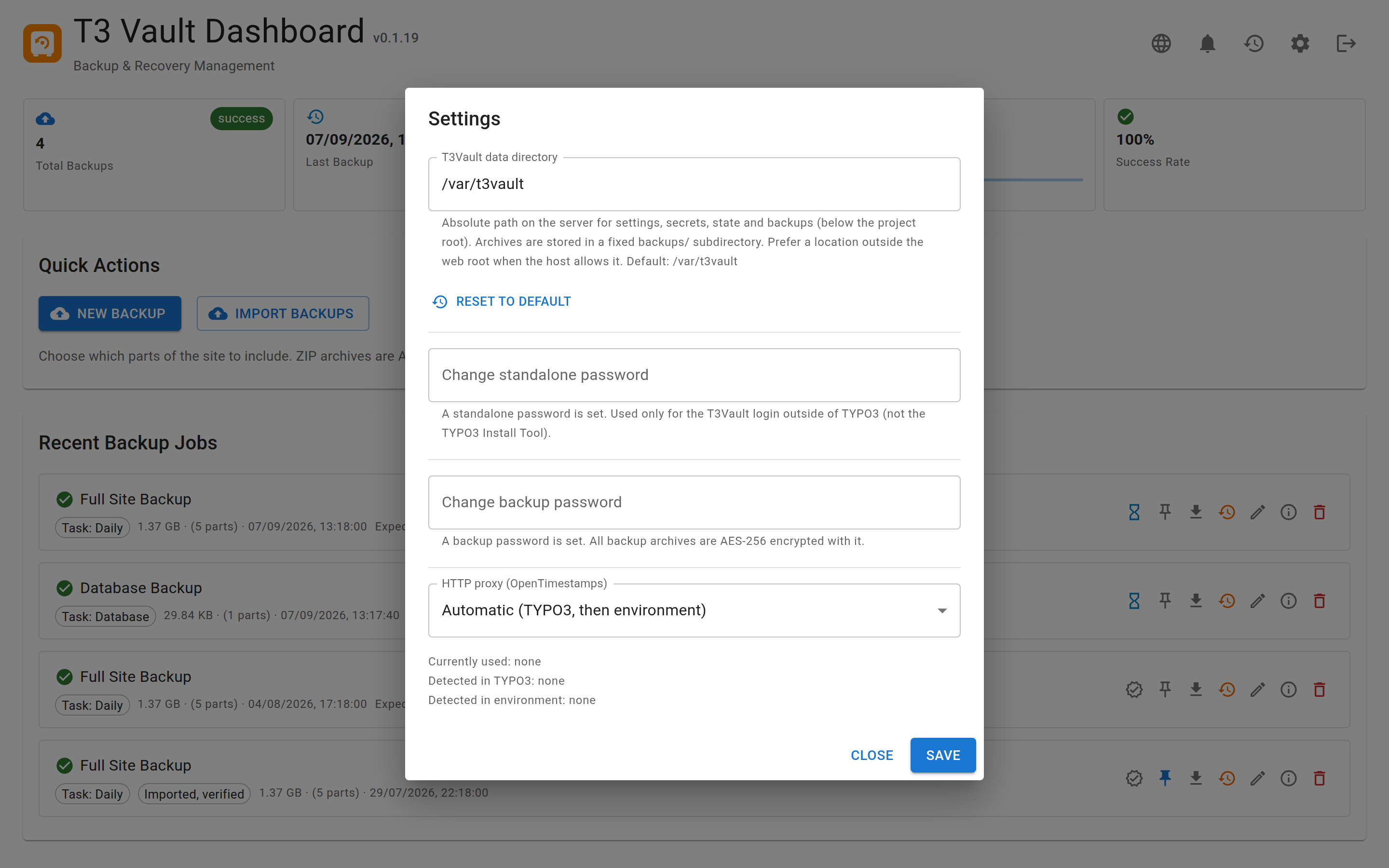 T3Vault Settings dialog with data directory, passwords and HTTP proxy