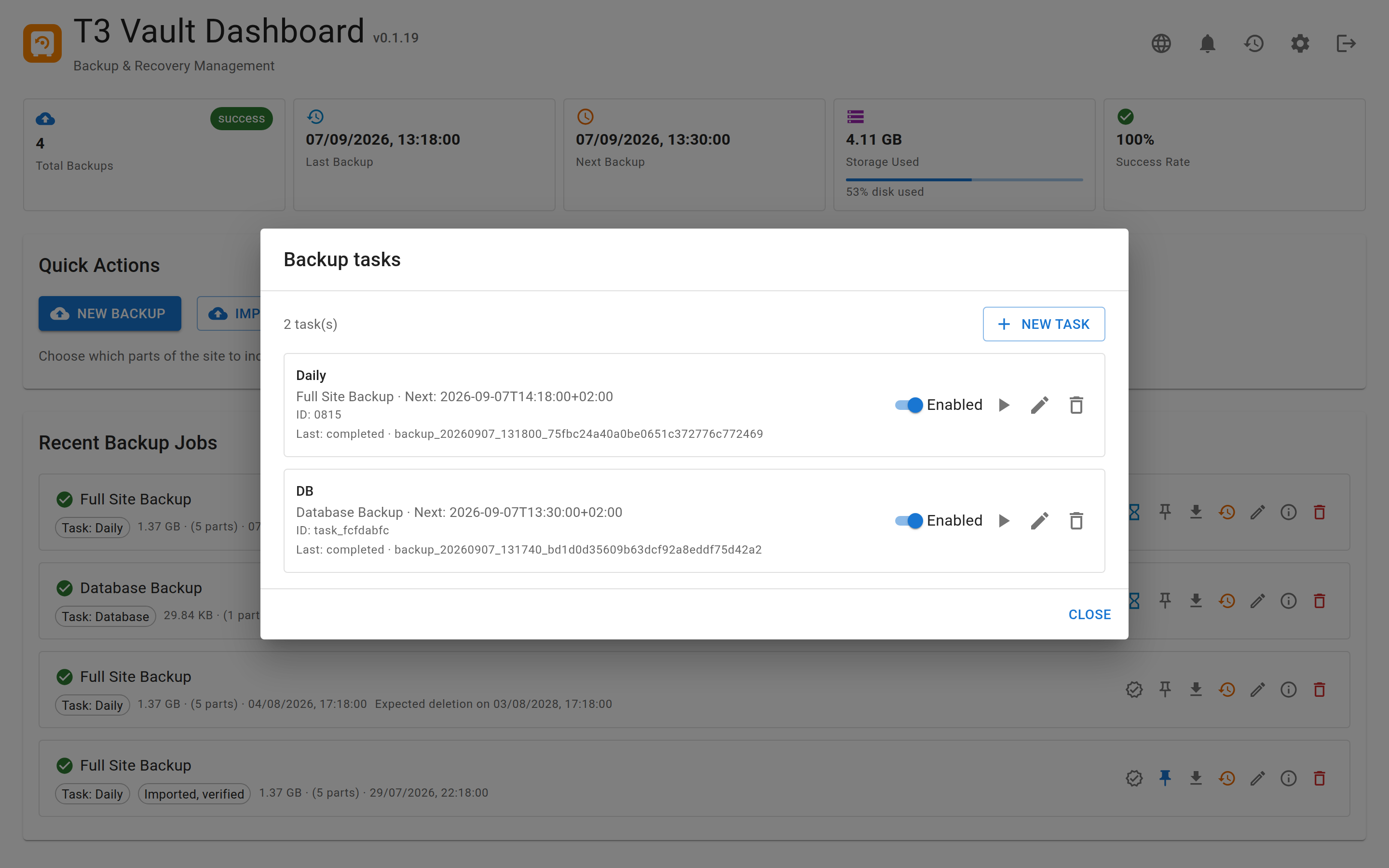 Backup tasks dialog listing scheduled full-site and database jobs