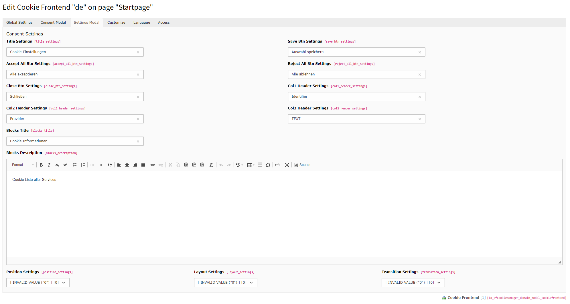 Frontend Settingsmodal