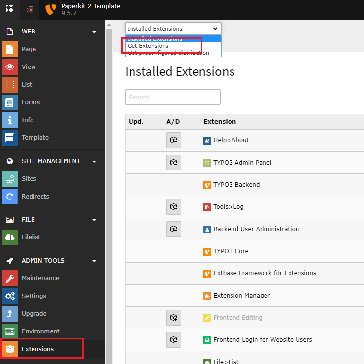 Extensionmanager view