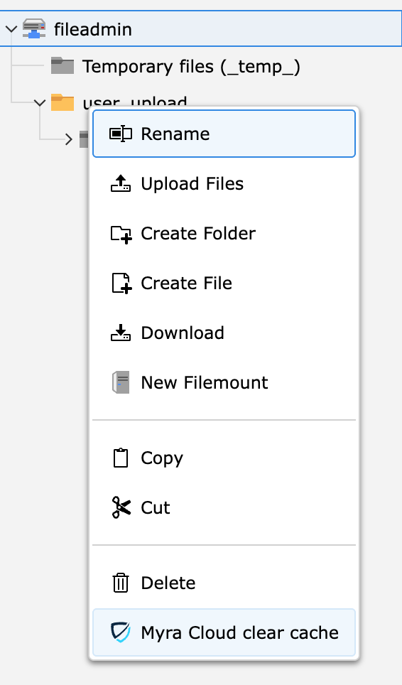 View of File tree context menu showing Myra clear cache option