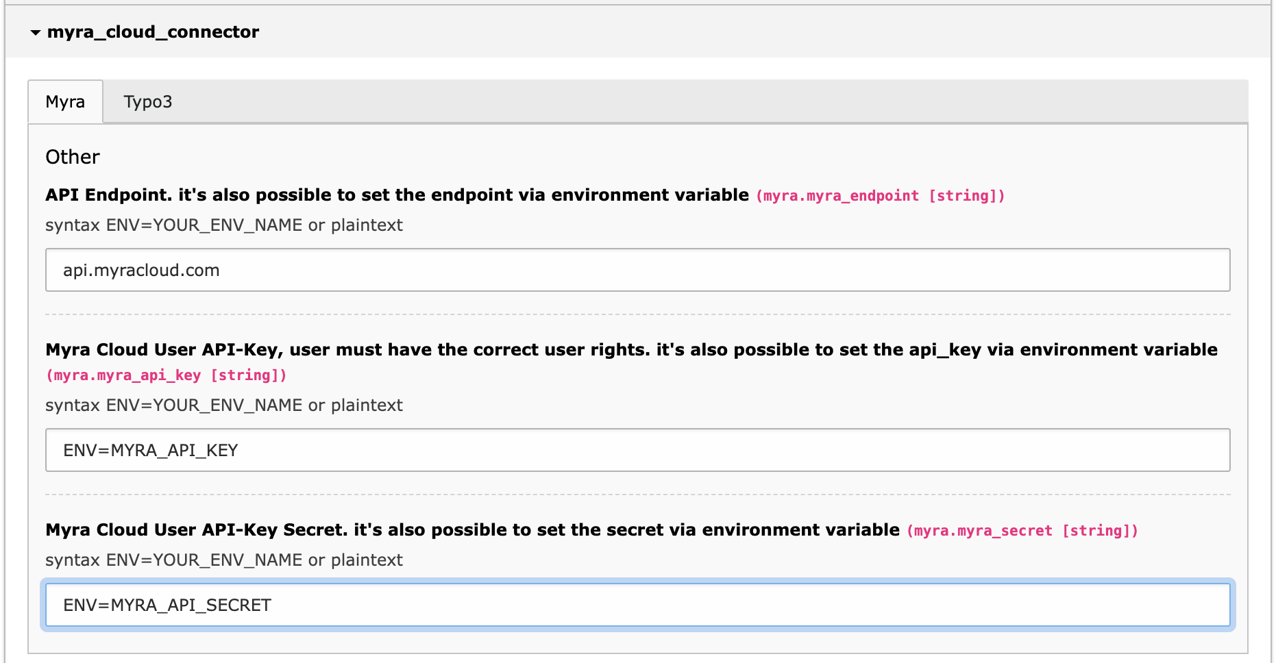 Extension configuration Settings
