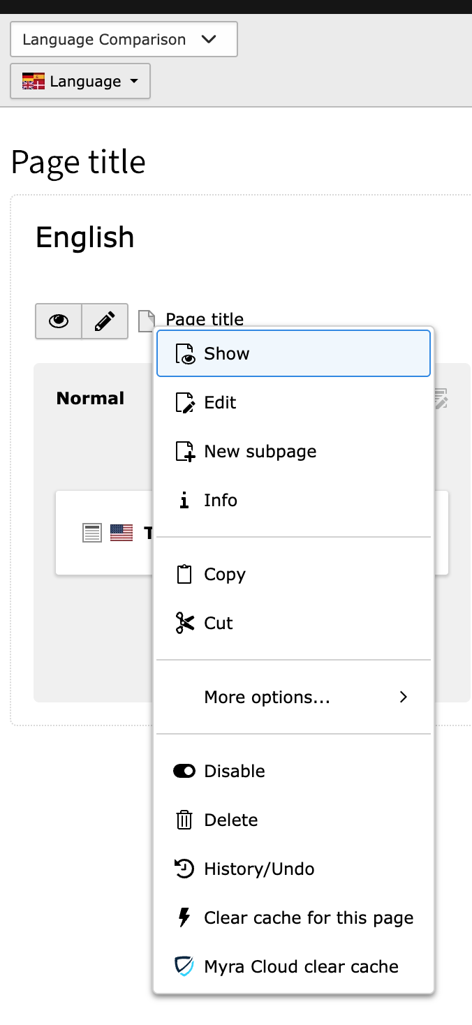 Screenshot of the language specific context menu on the pagetype icon in the Page module