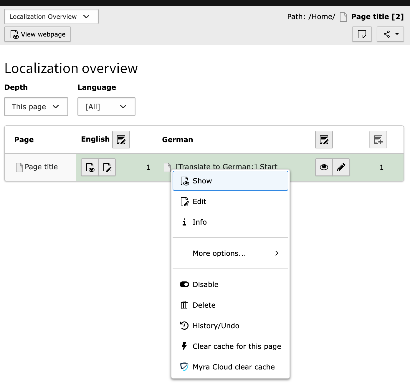 Screenshot of the Localization Overview in the Info module