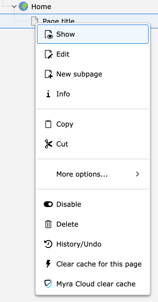 Screenshot of the page context menu showing Myra Clear Cache option