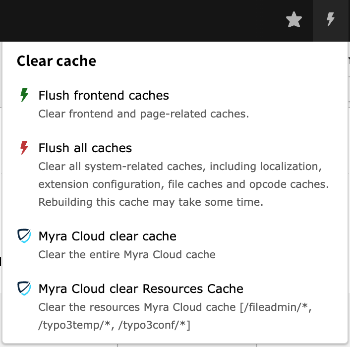 The TYPO3 cache menu showing additional Myra cache options to delete all files or all pages.