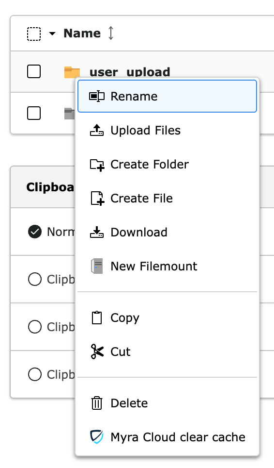 Screenshot of the File list context menu showing Myra clear cache option