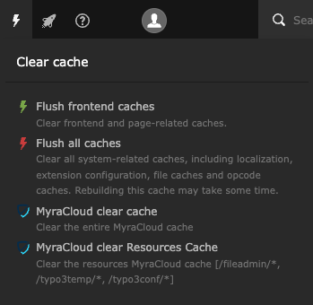 View of main cache menu showing Myra Clear cache option