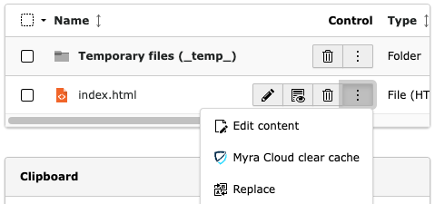 View of File list context menu showing Myra clear cache option